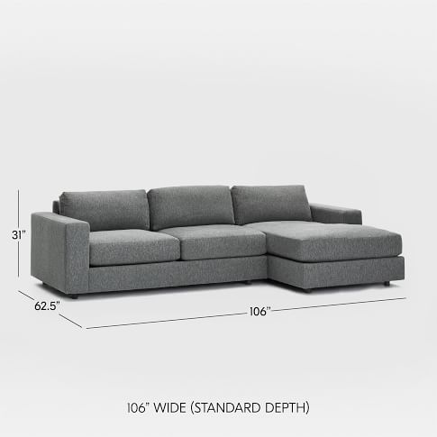 Urban Sectional Set 01 Left Arm 2 Seater Sofa Right Chaise Down Fill Chenille Tweed Pewter 106 Length 39 Standard Depth West Elm Havenly Urban Sectional Set 01 Left Arm 2, Down Sectional Sofa With Chaise