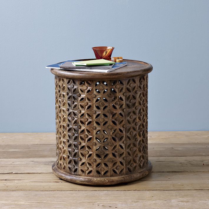 Carved Wood Large Side Table Natural Mango West Elm Havenly Side Table Natural Mango West Elm, Round Wooden End Table