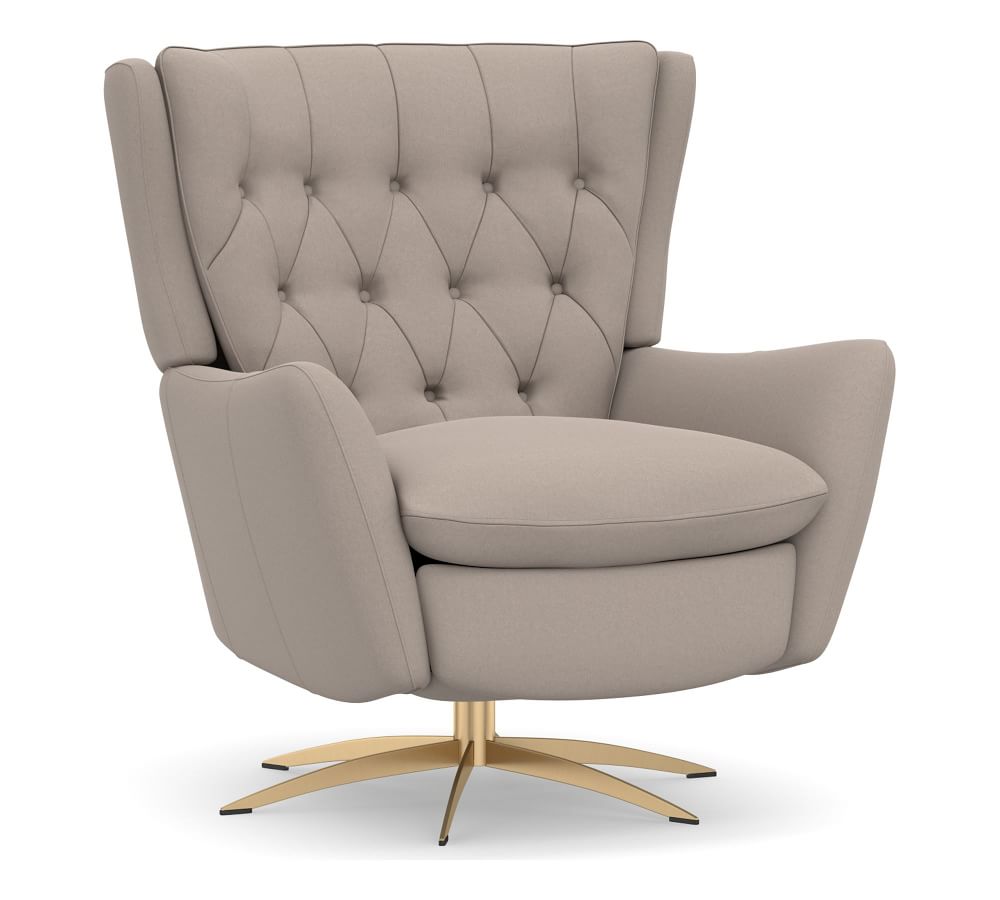 Wells Upholstered Tufted Swivel Recliner with Brass Base, Polyester