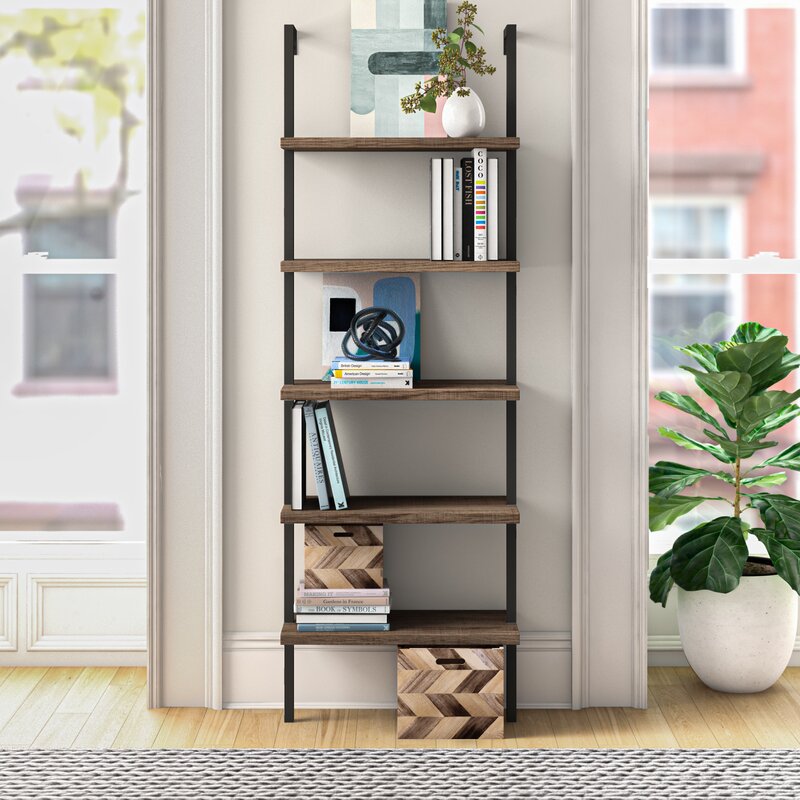 Moskowitz 72" H x 24" W Metal Ladder Bookcase Dark Walnut Brown Wood