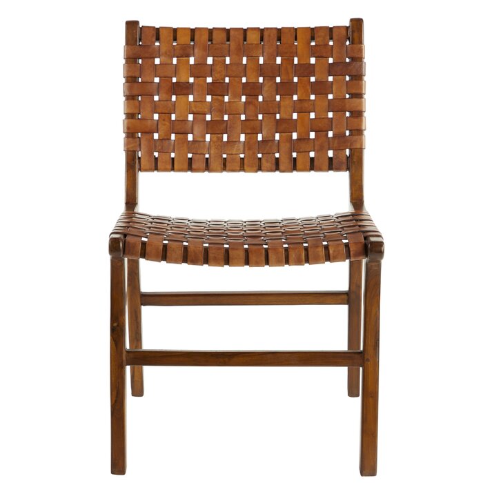 Albright Armless Brown Teak Wood Top, Top Grain Leather Dining Chairs