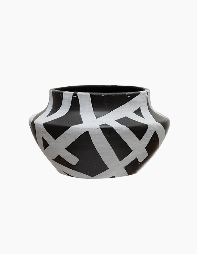 Terracotta Striped Planter, Black & White Moss & Wilder Havenly