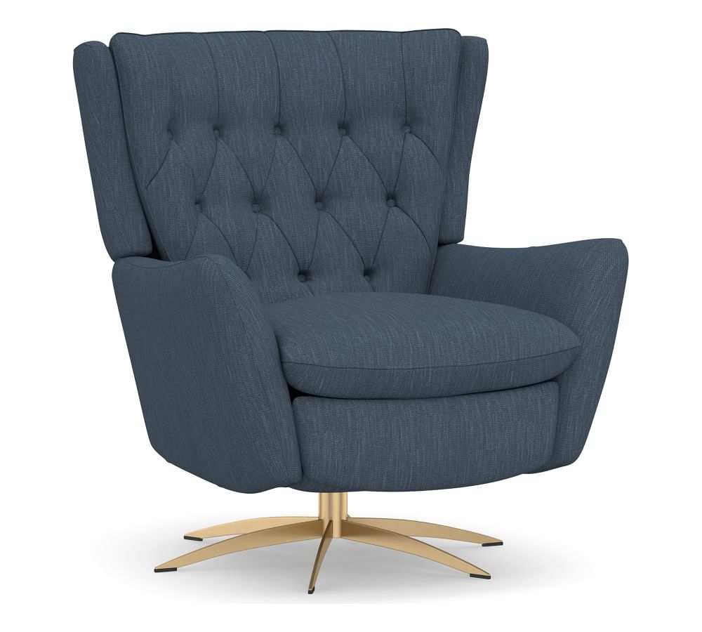 Wells Upholstered Tufted Swivel Recliner with Bronze Base, Polyester