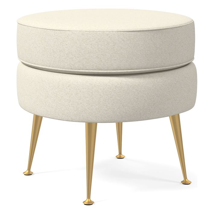 Pietro Mid-Century Round Ottoman, Luxe Boucle, Stone White, Brass ...