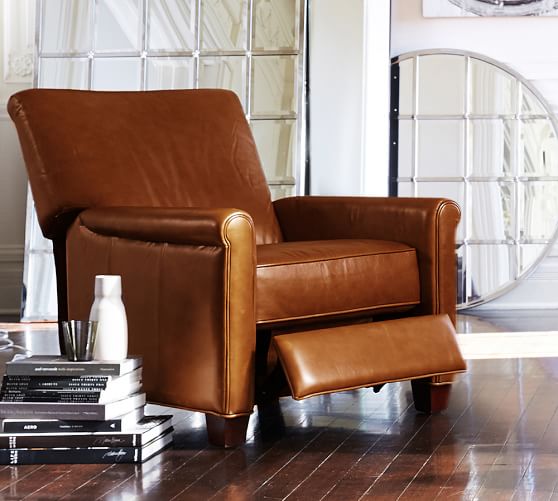 Irving Leather Recliner Chestnut, Leather Club Chair Recliner Pottery Barn