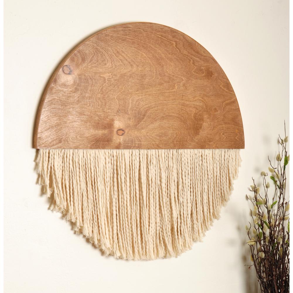 BrandtWorks 23" Wooden Round Fiber Art Wall Hanging, Light Brown