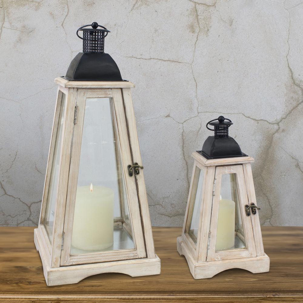 Coastal Worn White Wooden Candle Lanterns (Set of 2) Home Depot Havenly