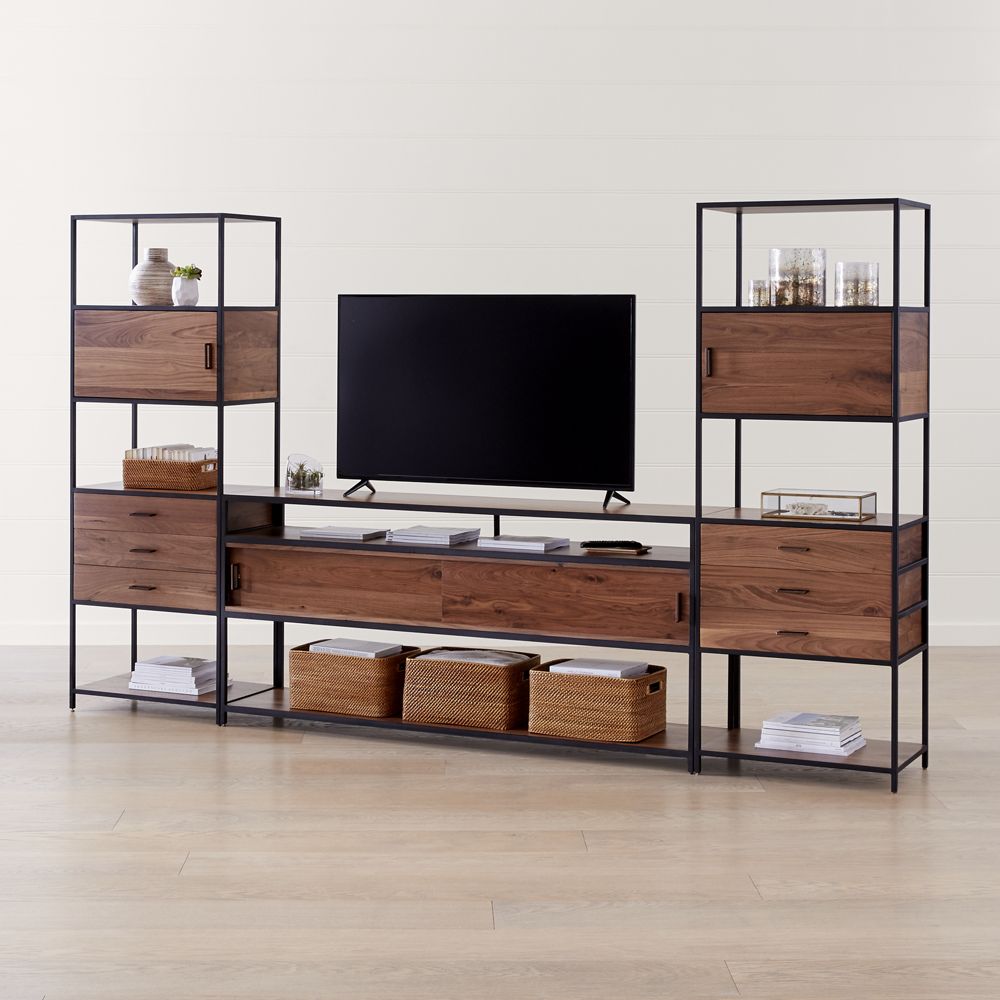 Knox Black 76" Industrial Media Console with 2 Tall Storage Bookcases