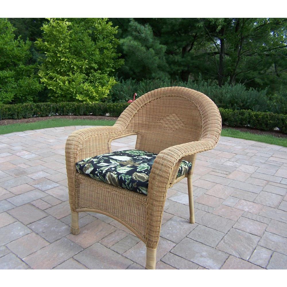 Honey Wicker Outdoor Lounge Chair with Black Floral Cushion Home