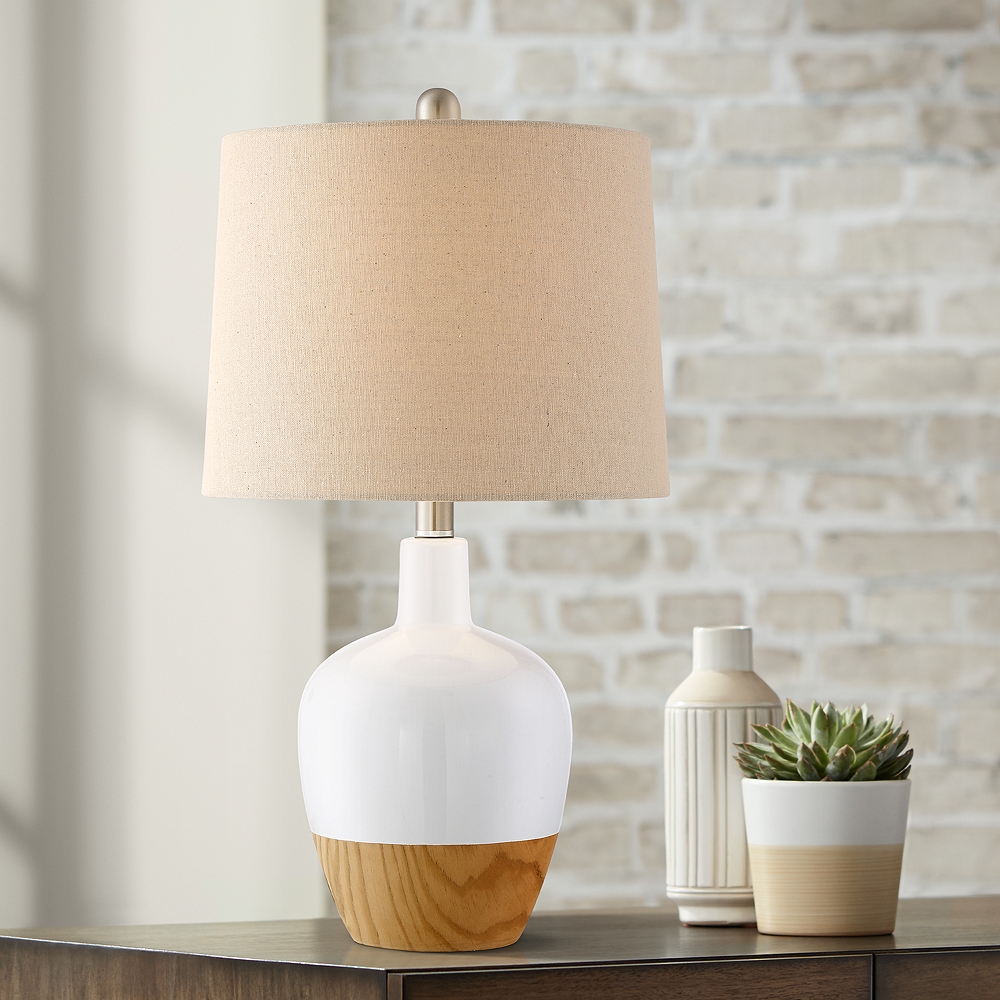 Kailani White Ceramic Accent Table Lamp w/ Faux Wood Accent Style