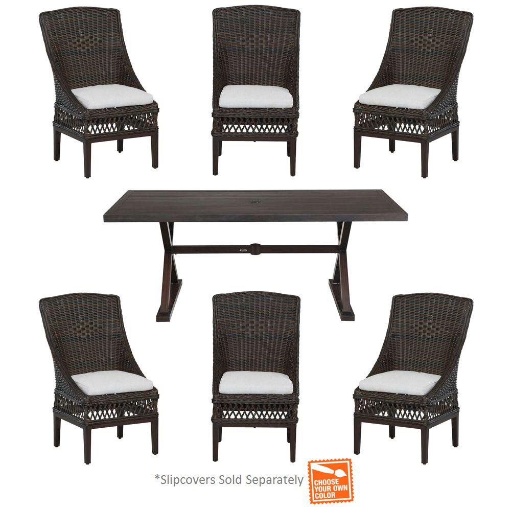 Hampton Bay Woodbury 7 Piece Wicker Outdoor Patio Dining Set With Cushions Included Choose Your Own Color Home Depot Havenly