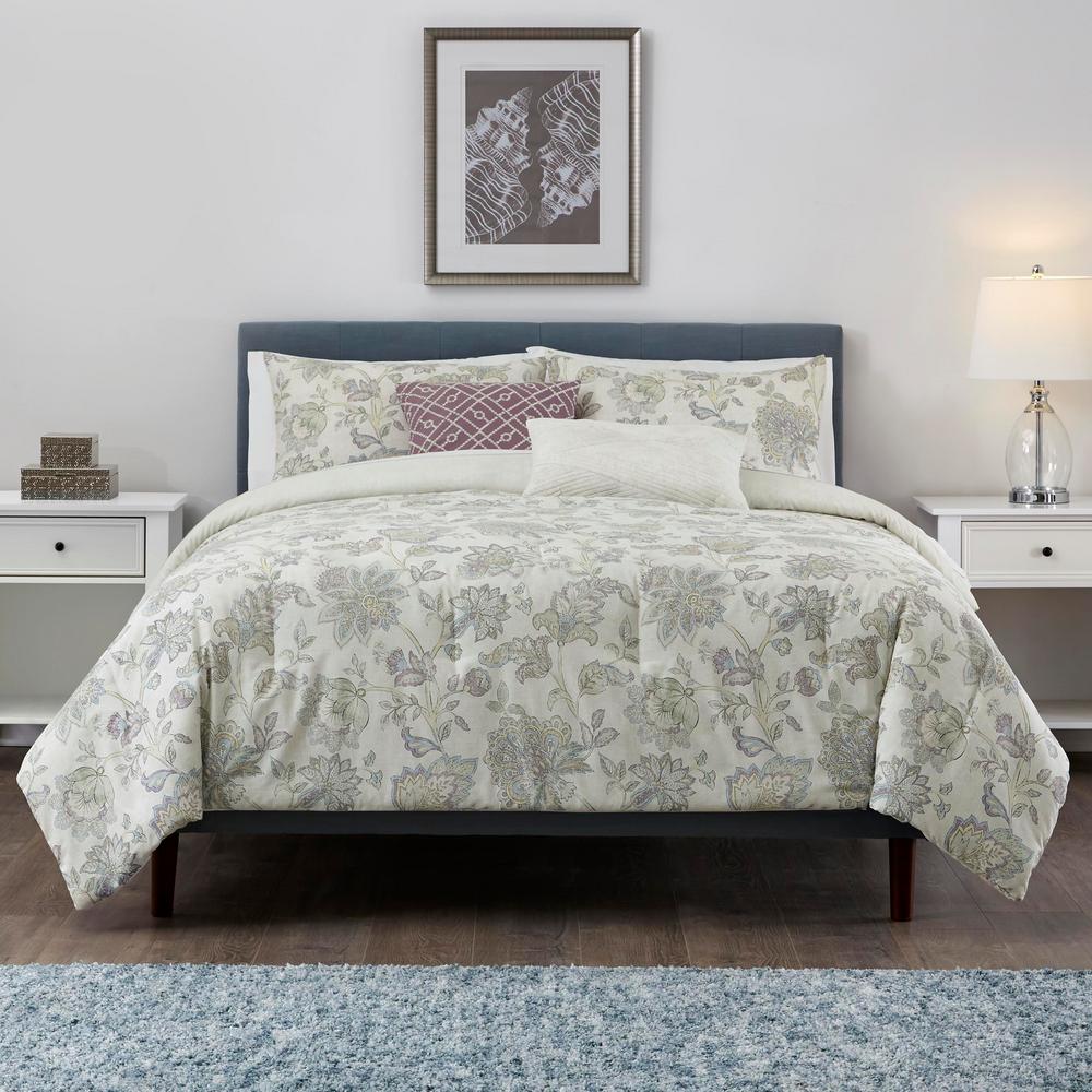 Brianna 5Piece Lavender Seed Floral Full/Queen Comforter Set Home Depot Havenly