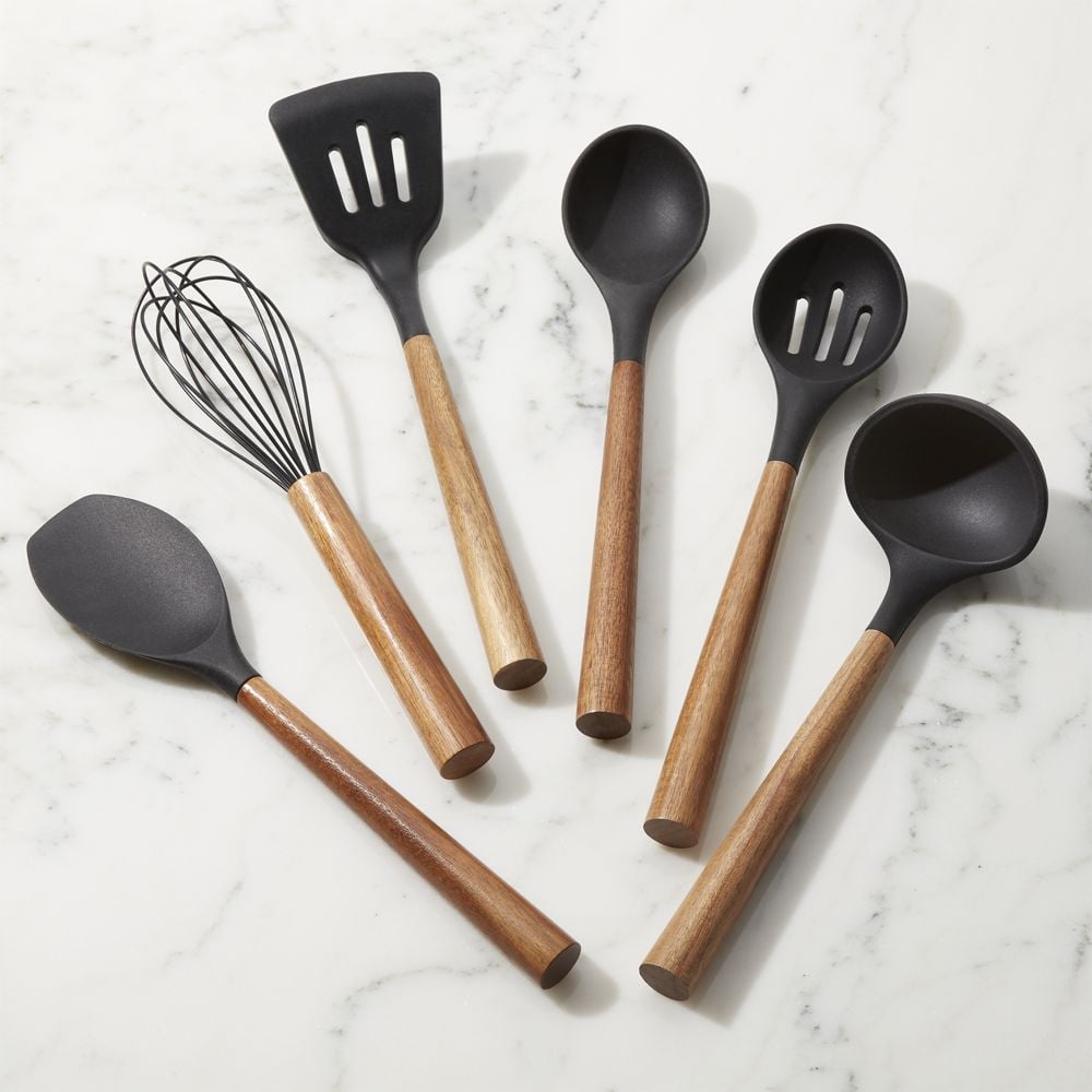 black silicone utensils with acacia handles set of 6