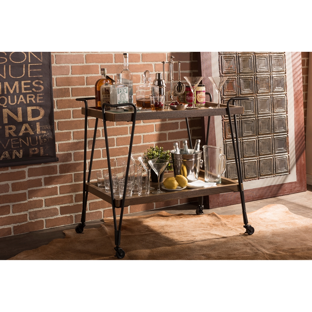 Baxton Studio Alera Rustic Industrial Style Antique Black Textured Finish Metal Distressed Ash Wood Mobile Serving Bar Cart Baxton Studio Alera Rustic Industrial Style Antique Black Textured Finish Metal Distressed Ash Wood Mobile Serving Bar Cart
