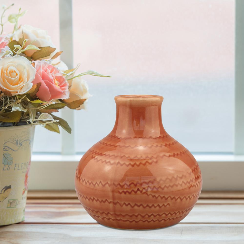 5 in. Ceramic Terra Cotta Small Vase with Detail in Peach, Oranges