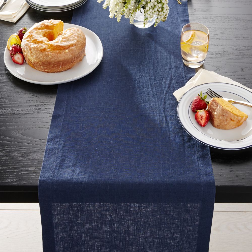 Marin Deep Indigo Blue Linen Table Runner 90" Crate and Barrel Havenly