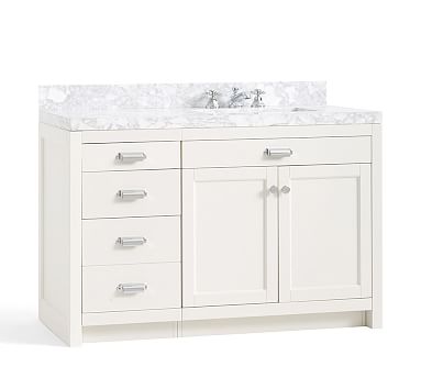 Davis Single Asymmetric Right Sink Vanity With Drawers Almond White Carrara Marble Pottery Barn Havenly Davis Single Asymmetric Right Sink, Davis Asymmetric Single Sink Vanity With Drawers