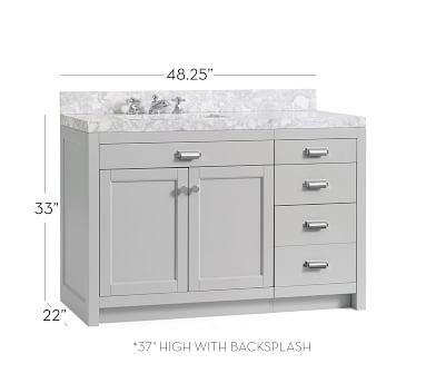 Davis Single Asymmetric Right Sink Vanity With Drawers Almond White Carrara Marble Pottery Barn Havenly Davis Single Asymmetric Right Sink, Davis Asymmetric Single Sink Vanity With Drawers