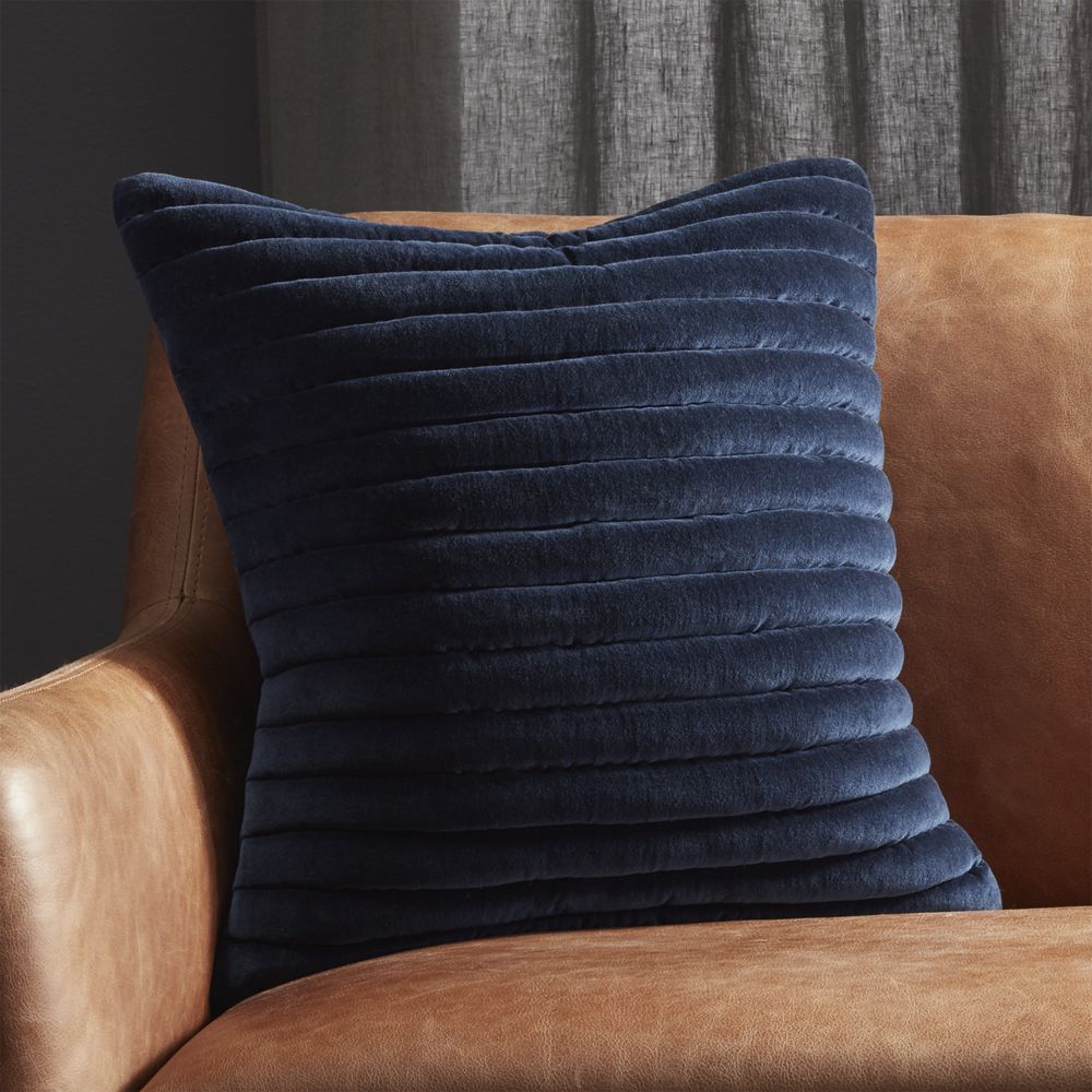 "18"" Channeled Navy Velvet Pillow with FeatherDown Insert" CB2