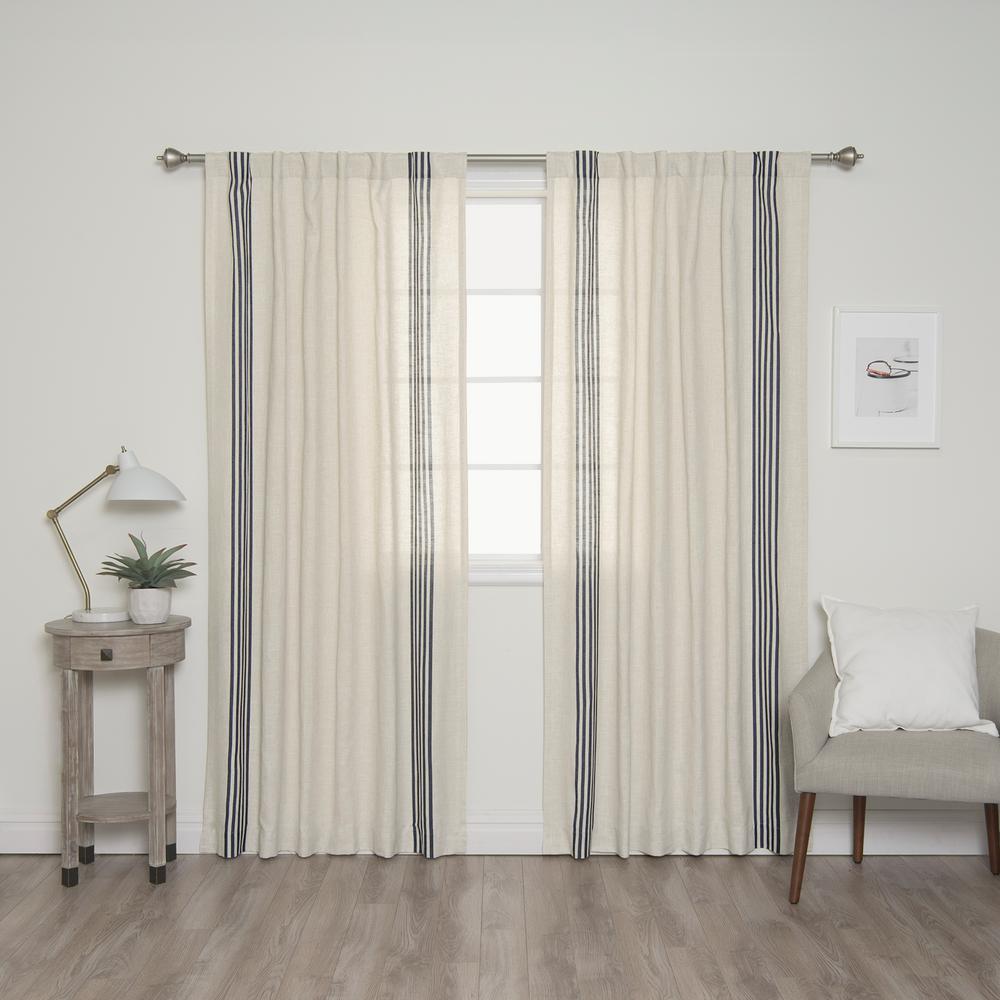 Best Home Fashion 84 in. L Linen Blend Ivory Curtain Panels with Navy