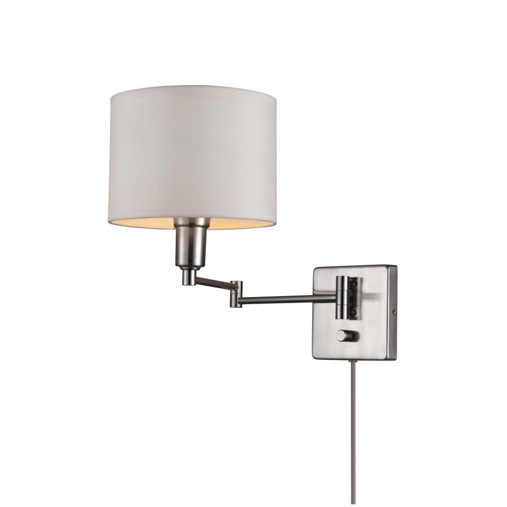 Hampton Bay 1-Light Brushed Nickel Swing Arm Sconce with White Fabric Shade 