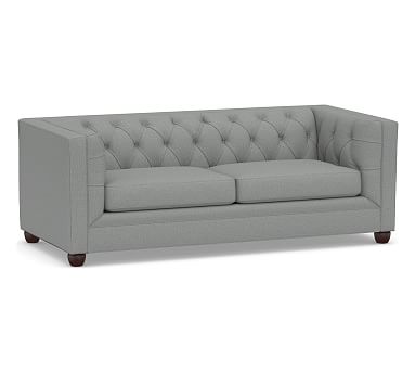 Chesterfield Square Arm Upholstered Sofa 88 Polyester Wrapped Cushions Performance Brushed Basketweave Chambray Pottery Barn Havenly