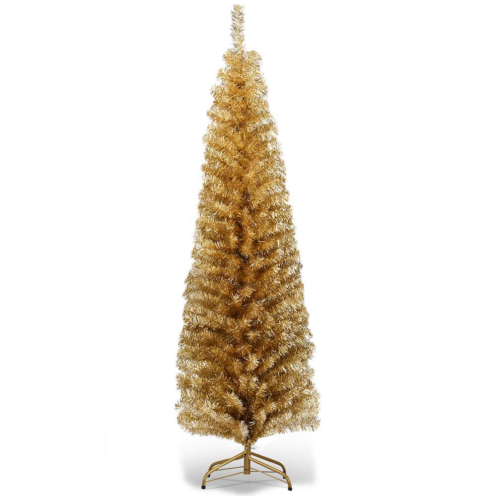 Costway 6ft Champagne Gold Tinsel Tree Slim Pencil Christmas Tree Home Depot