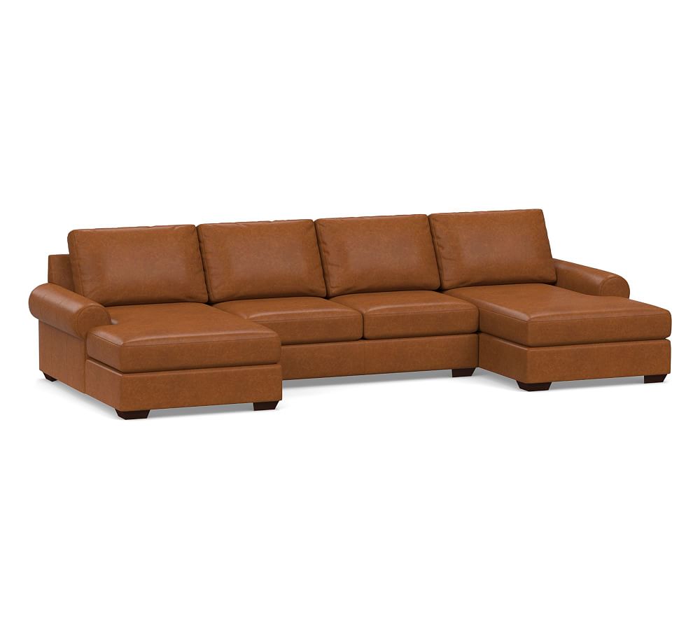 Big Sur Roll Arm Leather U-Chaise Loveseat Sectional, Down Blend ...