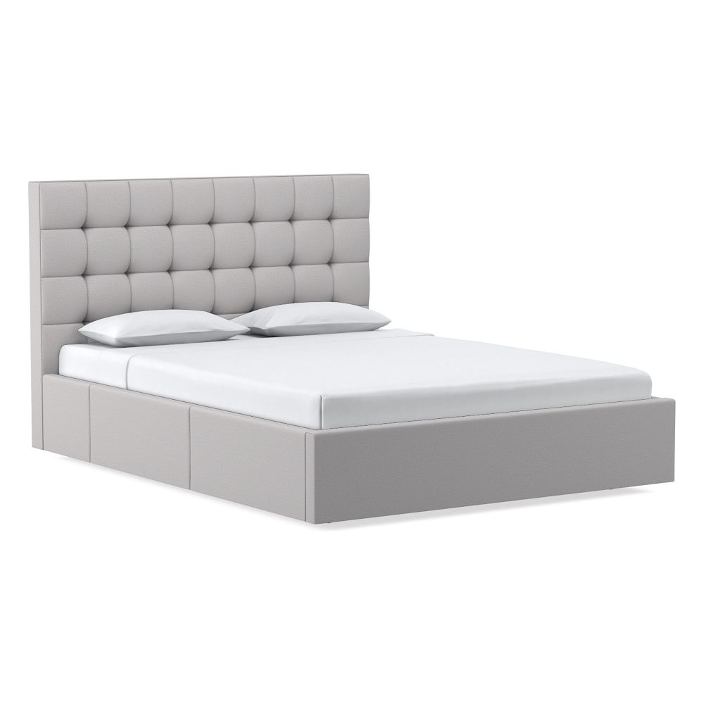 Emmett Grid Tufted Side Storage Bed, King, Chenille Tweed, Frost Gray