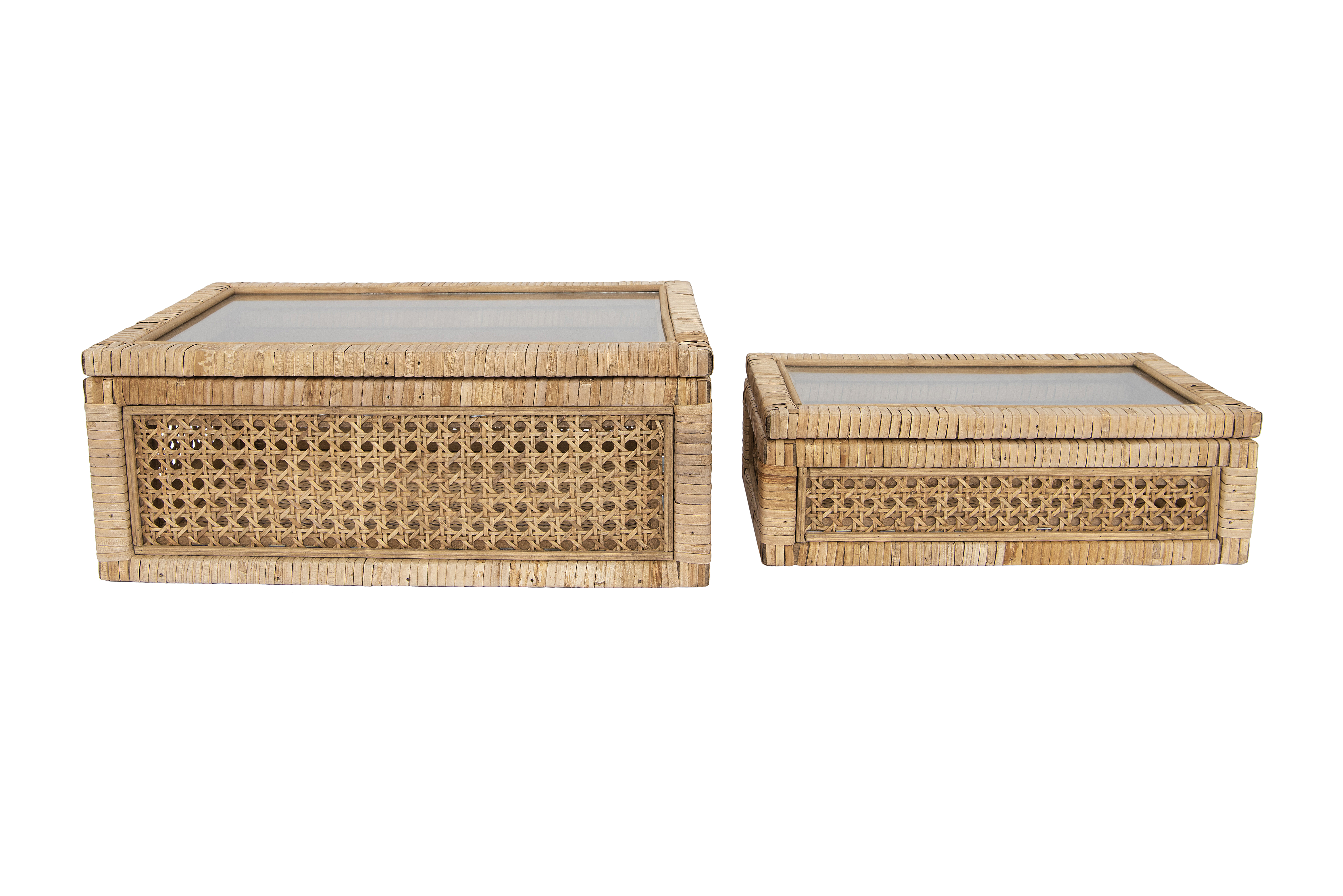 Woven Rattan Display Boxes with Glass Lids & Fir Wood Frame (Set of 2