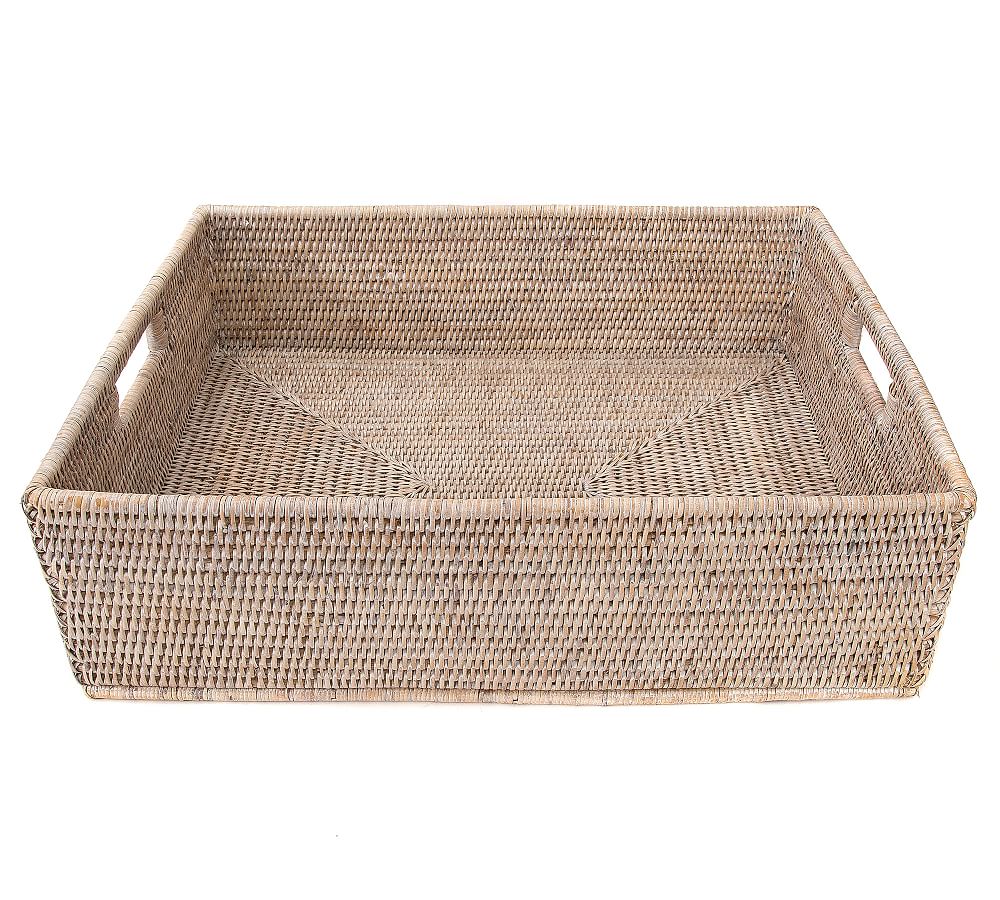 Pottery Barn Tava Handwoven Rattan Round Waste Basket With Metal