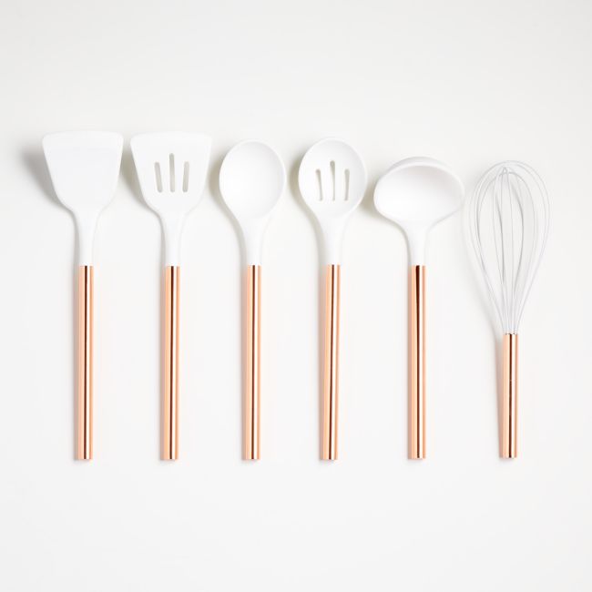 Crate&Barrel Ada White Silicone Slotted Spoon with Copper Handle