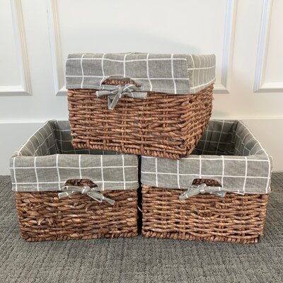 Hand Woven Rectangle Maize Storage Basket - Set Of 3 - Cream Liner