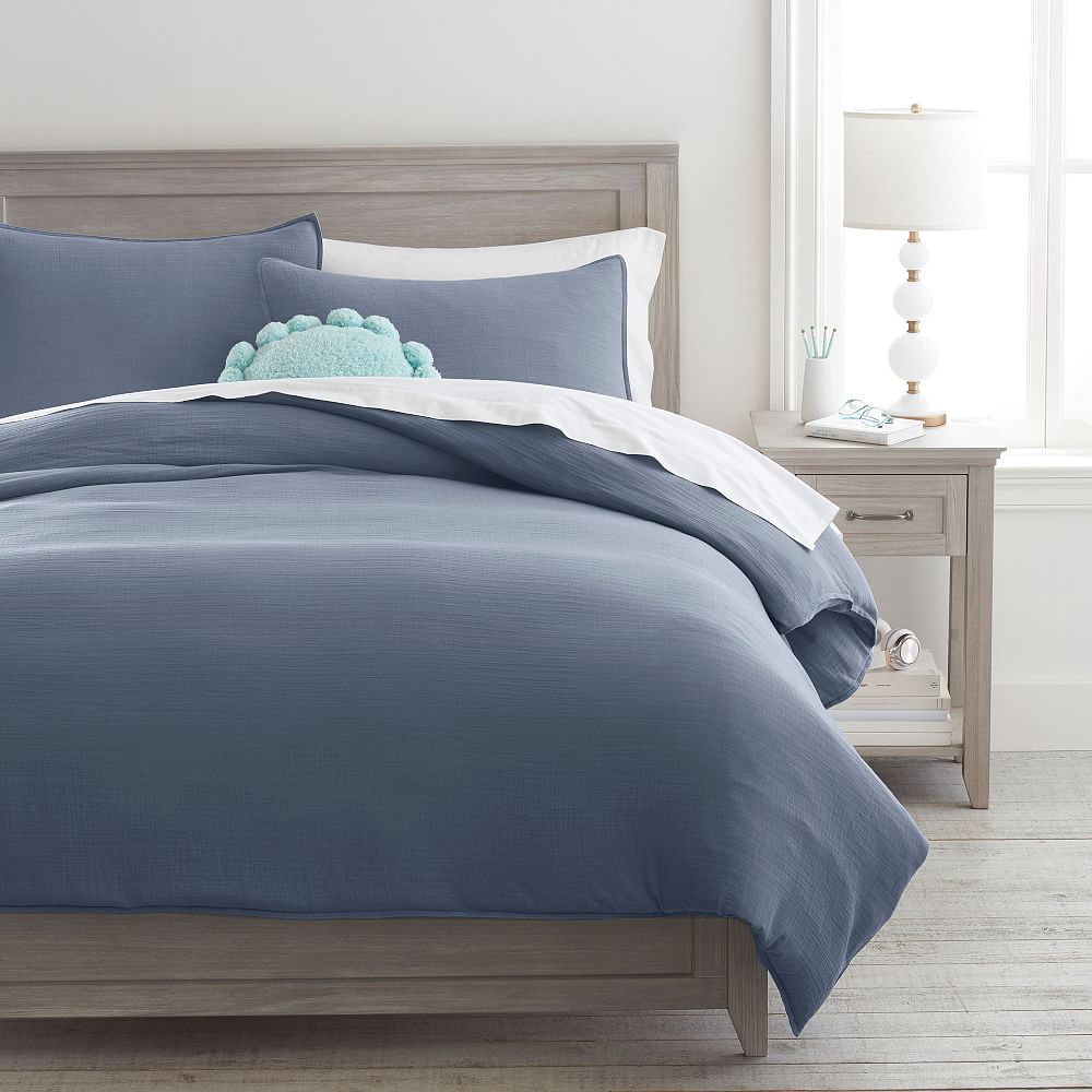 Reversible Organic Muslin Duvet Cover & Sham, Full/Queen, Slate Blue ...